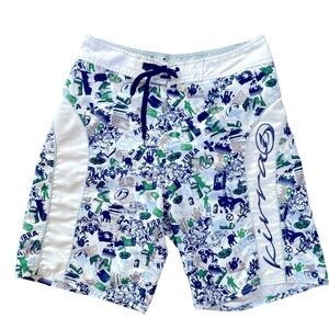 Kirra Men’s Blue White Green Patterned Board Shorts Swimsuit Surf Beach Size 34